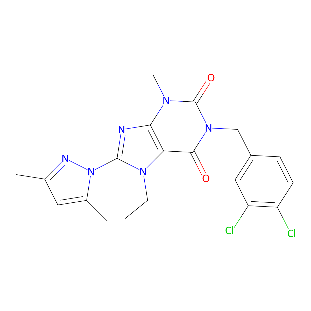 1-(3,4-dichlorobenzyl)-8-(3,5-dimethyl-1H-pyrazol-1-yl)-7-ethyl-3-methyl-1H-purine-2,6(3H,7H)-dione molecular structure, CAS 1013876-23-7