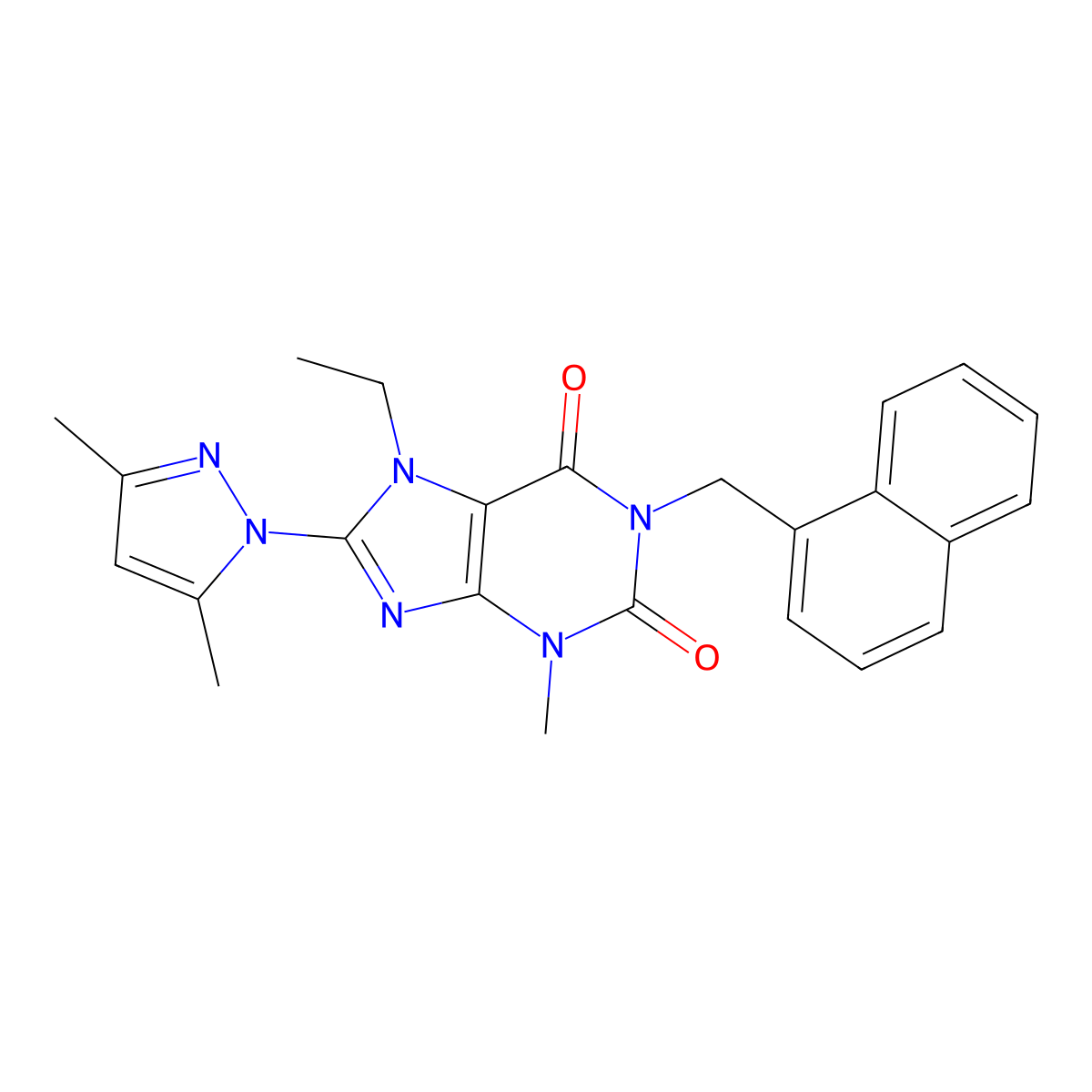 8-(3,5-dimethyl-1H-pyrazol-1-yl)-7-ethyl-3-methyl-1-(naphthalen-1-ylmethyl)-1H-purine-2,6(3H,7H)-dione molecular structure, CAS 1013876-31-7