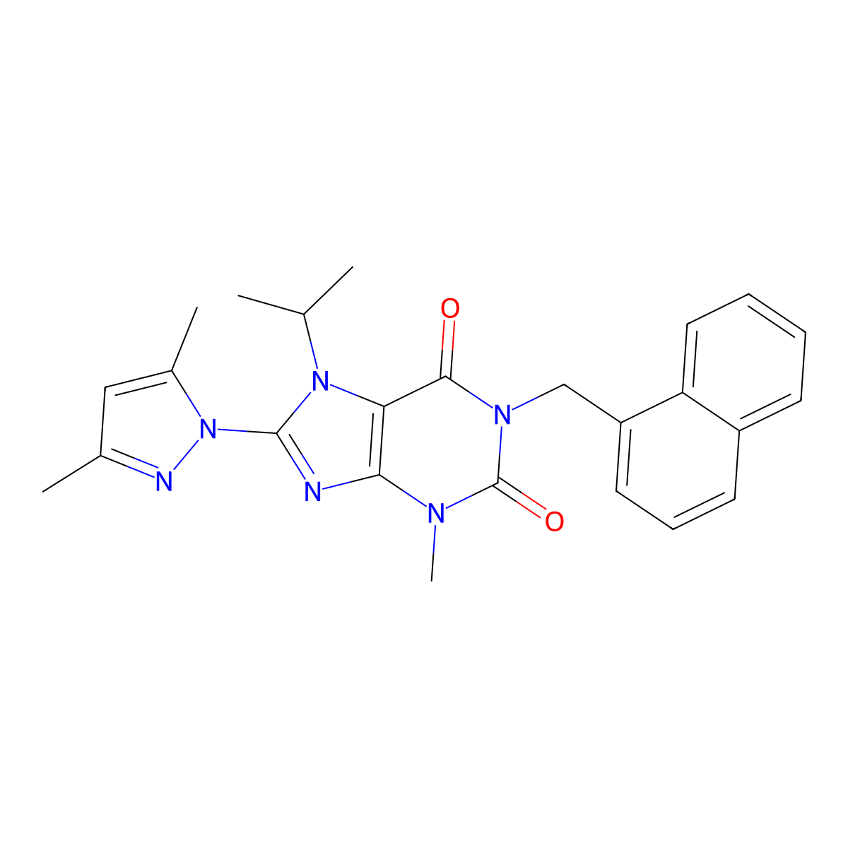 8-(3,5-dimethyl-1H-pyrazol-1-yl)-7-isopropyl-3-methyl-1-(naphthalen-1-ylmethyl)-1H-purine-2,6(3H,7H)-dione molecular structure, CAS 1013876-36-2