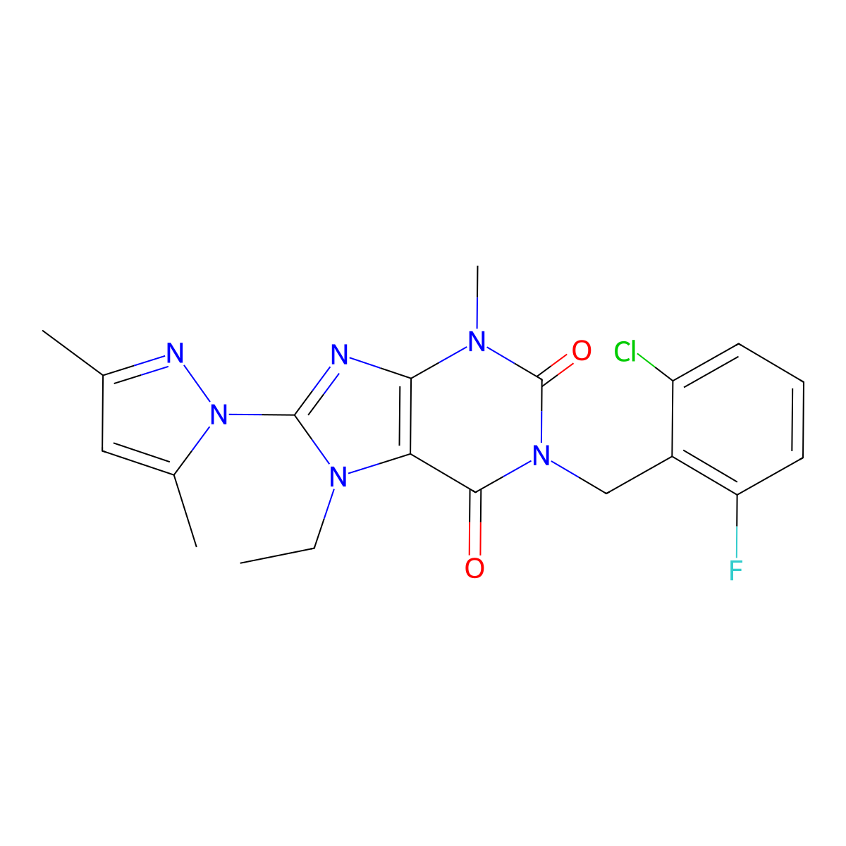 1-(2-chloro-6-fluorobenzyl)-8-(3,5-dimethyl-1H-pyrazol-1-yl)-7-ethyl-3-methyl-1H-purine-2,6(3H,7H)-dione molecular structure, CAS 1013876-43-1