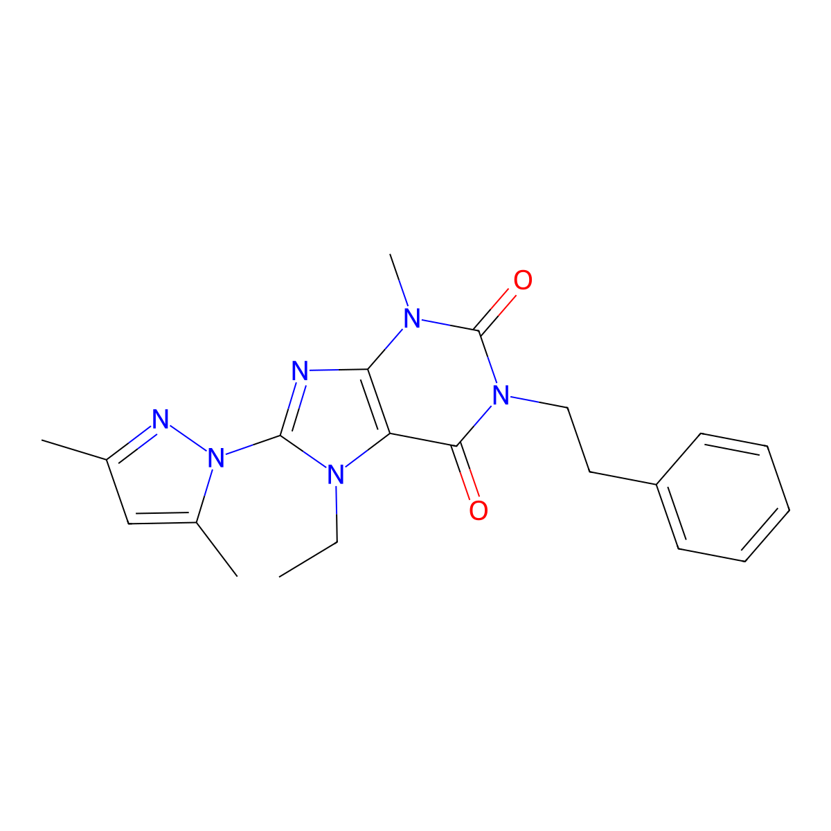 8-(3,5-dimethyl-1H-pyrazol-1-yl)-7-ethyl-3-methyl-1-phenethyl-1H-purine-2,6(3H,7H)-dione molecular structure, CAS 1013876-48-6