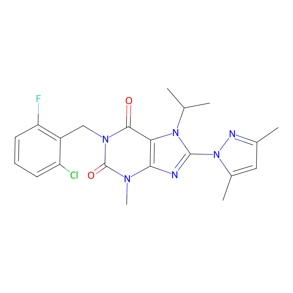 1-(2-chloro-6-fluorobenzyl)-8-(3,5-dimethyl-1H-pyrazol-1-yl)-7-isopropyl-3-methyl-1H-purine-2,6(3H,7H)-dione molecular structure, CAS 1013968-26-7