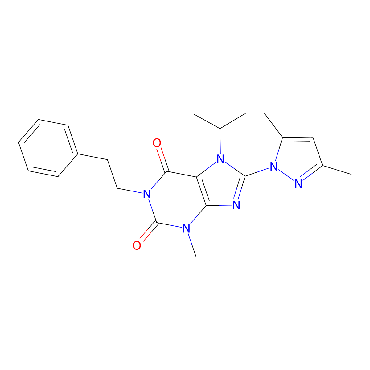 8-(3,5-dimethyl-1H-pyrazol-1-yl)-7-isopropyl-3-methyl-1-phenethyl-1H-purine-2,6(3H,7H)-dione molecular structure, CAS 1013968-29-0