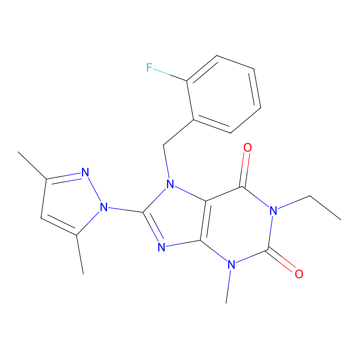 8-(3,5-dimethyl-1H-pyrazol-1-yl)-1-ethyl-7-(2-fluorobenzyl)-3-methyl-1H-purine-2,6(3H,7H)-dione molecular structure, CAS 1013968-41-6