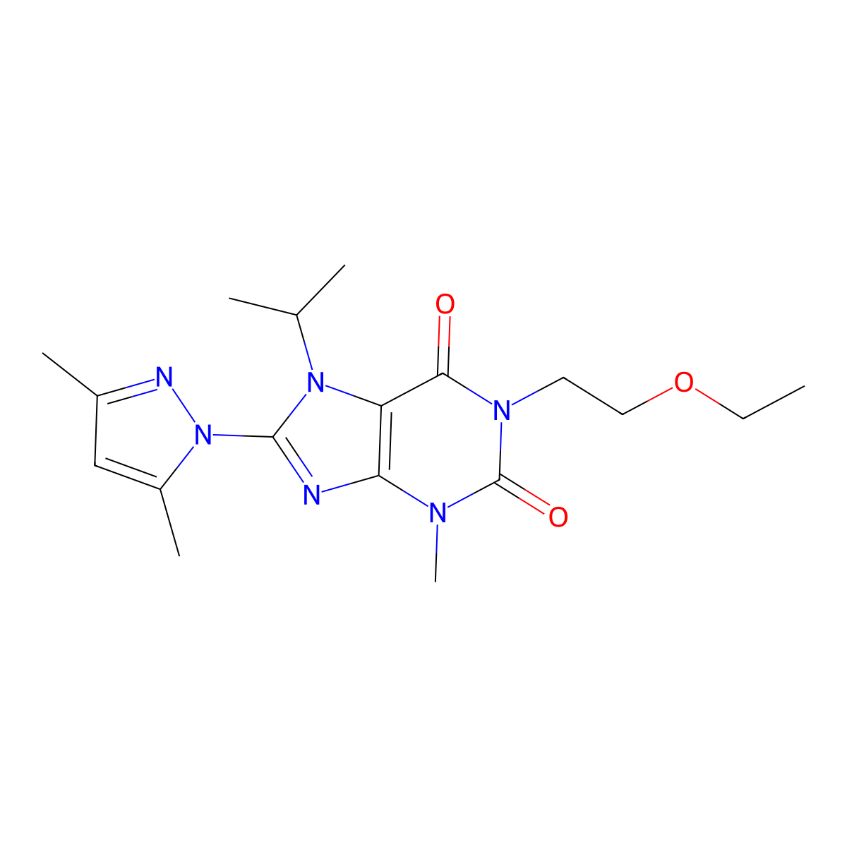 8-(3,5-dimethyl-1H-pyrazol-1-yl)-1-(2-ethoxyethyl)-7-isopropyl-3-methyl-1H-purine-2,6(3H,7H)-dione molecular structure, CAS 1013968-45-0