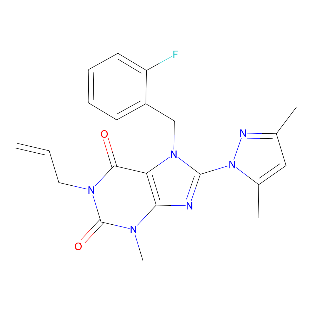 8-(3,5-Dimethylpyrazolyl)-7-[(2-fluorophenyl)methyl]-3-methyl-1-prop-2-enyl-1, 3,7-trihydropurine-2,6-dione molecular structure, CAS 1013968-70-1