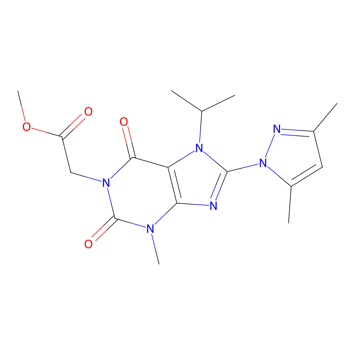 methyl 2-(8-(3,5-dimethyl-1H-pyrazol-1-yl)-7-isopropyl-3-methyl-2,6-dioxo-2,3,6,7-tetrahydro-1H-purin-1-yl)acetate molecular structure, CAS 1013968-71-2