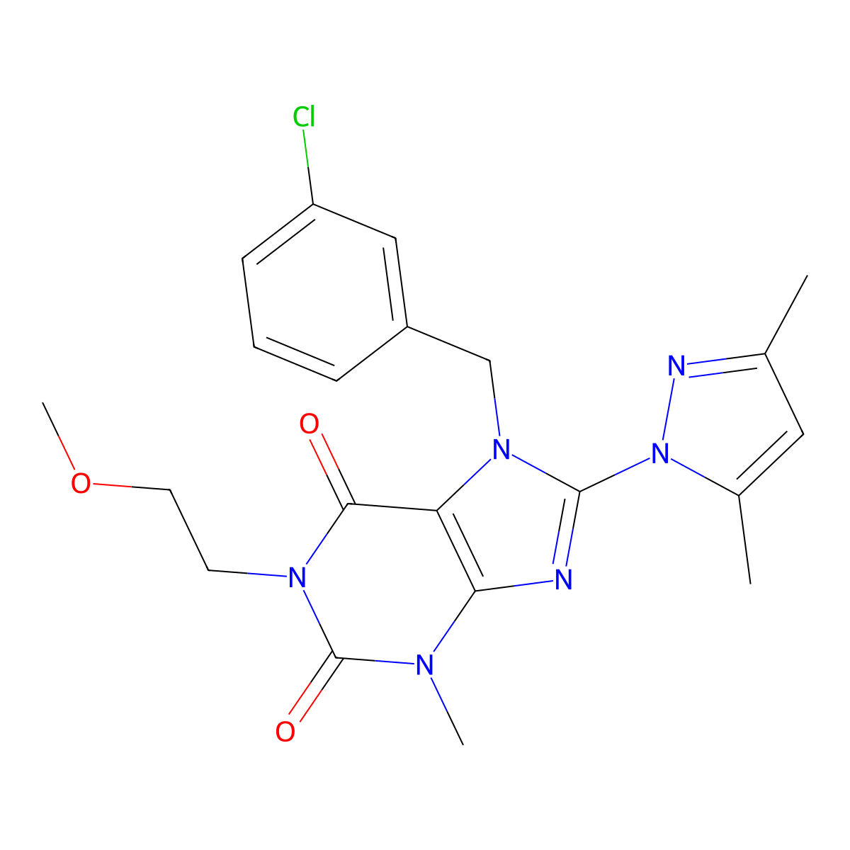 7-(3-chlorobenzyl)-8-(3,5-dimethyl-1H-pyrazol-1-yl)-1-(2-methoxyethyl)-3-methyl-1H-purine-2,6(3H,7H)-dione molecular structure, CAS 1013969-28-2