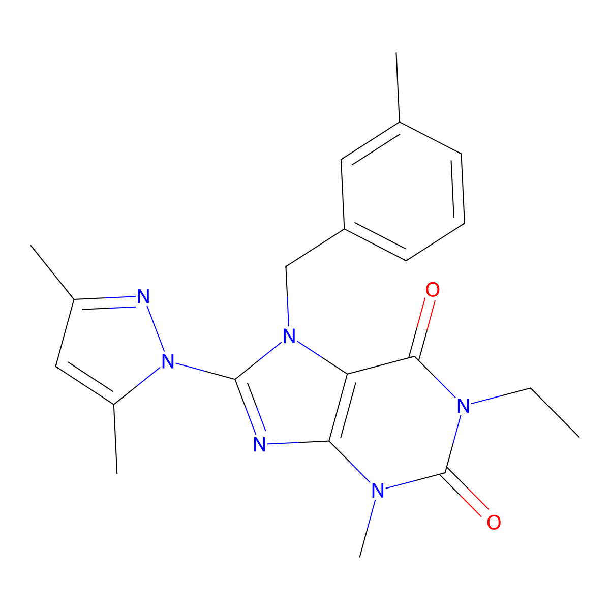 8-(3,5-dimethyl-1H-pyrazol-1-yl)-1-ethyl-3-methyl-7-(3-methylbenzyl)-1H-purine-2,6(3H,7H)-dione molecular structure, CAS 1013969-57-7