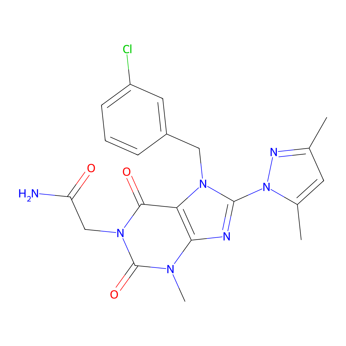 2-(7-(3-chlorobenzyl)-8-(3,5-dimethyl-1H-pyrazol-1-yl)-3-methyl-2,6-dioxo-2,3,6,7-tetrahydro-1H-purin-1-yl)acetamide molecular structure, CAS 1013969-70-4