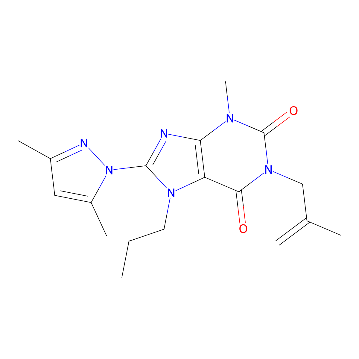 8-(3,5-dimethyl-1H-pyrazol-1-yl)-3-methyl-1-(2-methylprop-2-en-1-yl)-7-propyl-2,3,6,7-tetrahydro-1H-purine-2,6-dione molecular structure, CAS 1013969-73-7