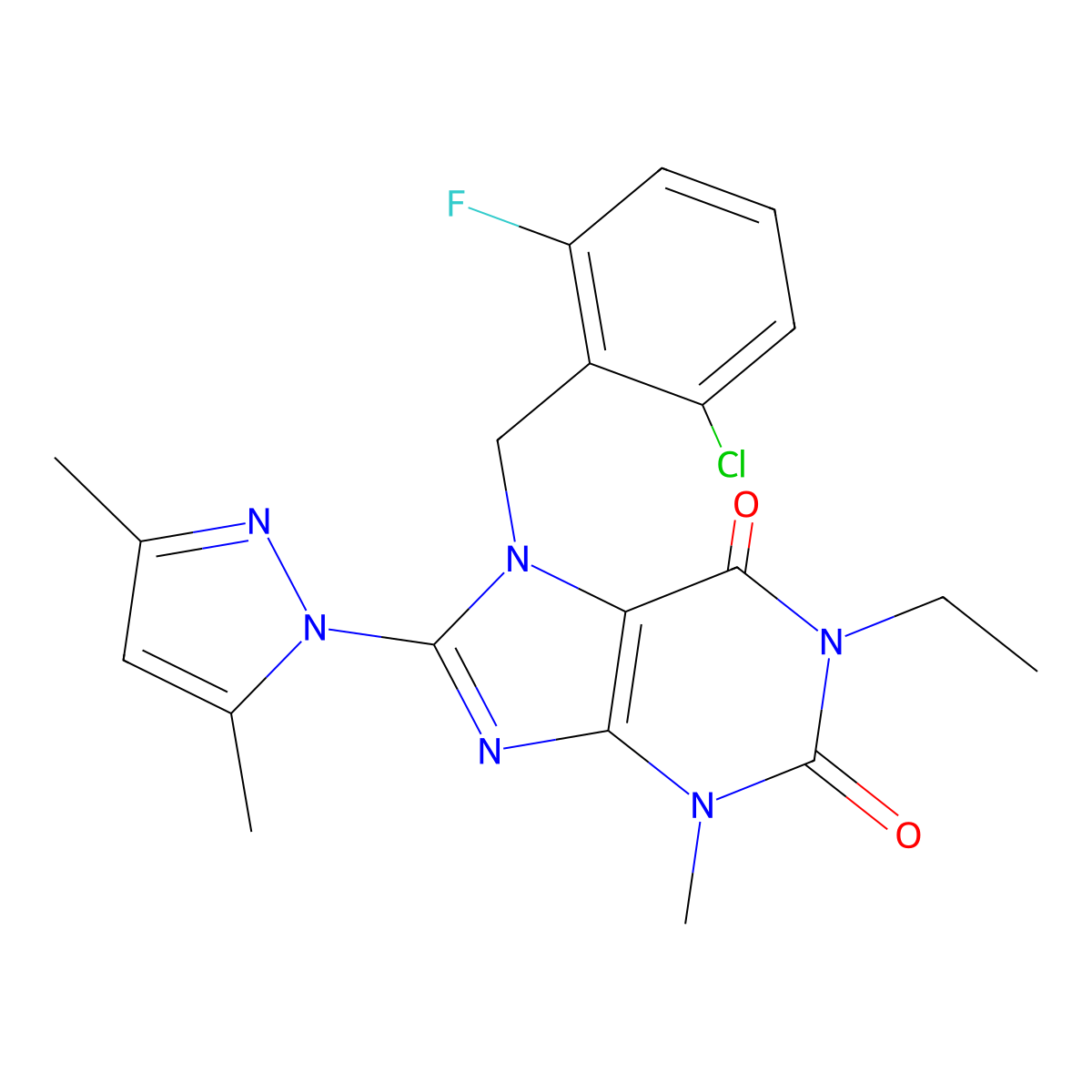 7-(2-chloro-6-fluorobenzyl)-8-(3,5-dimethyl-1H-pyrazol-1-yl)-1-ethyl-3-methyl-1H-purine-2,6(3H,7H)-dione molecular structure, CAS 1013969-74-8