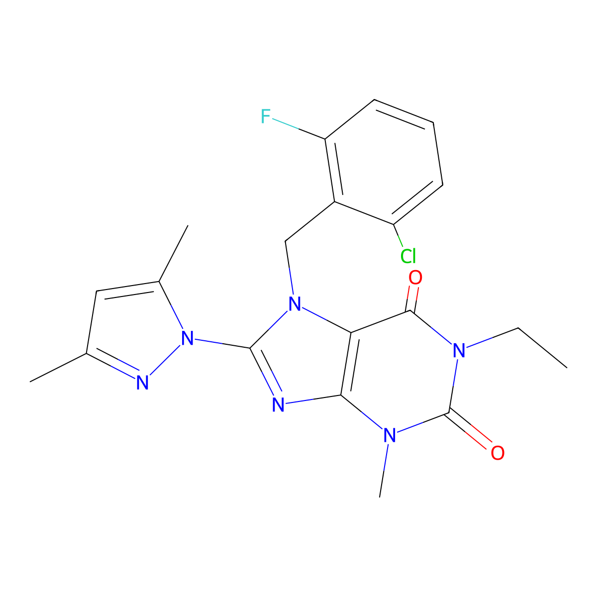 7-(2-chloro-6-fluorobenzyl)-8-(3,5-dimethyl-1H-pyrazol-1-yl)-1-ethyl-3-methyl-1H-purine-2,6(3H,7H)-dione molecular structure, CAS 1013969-74-8