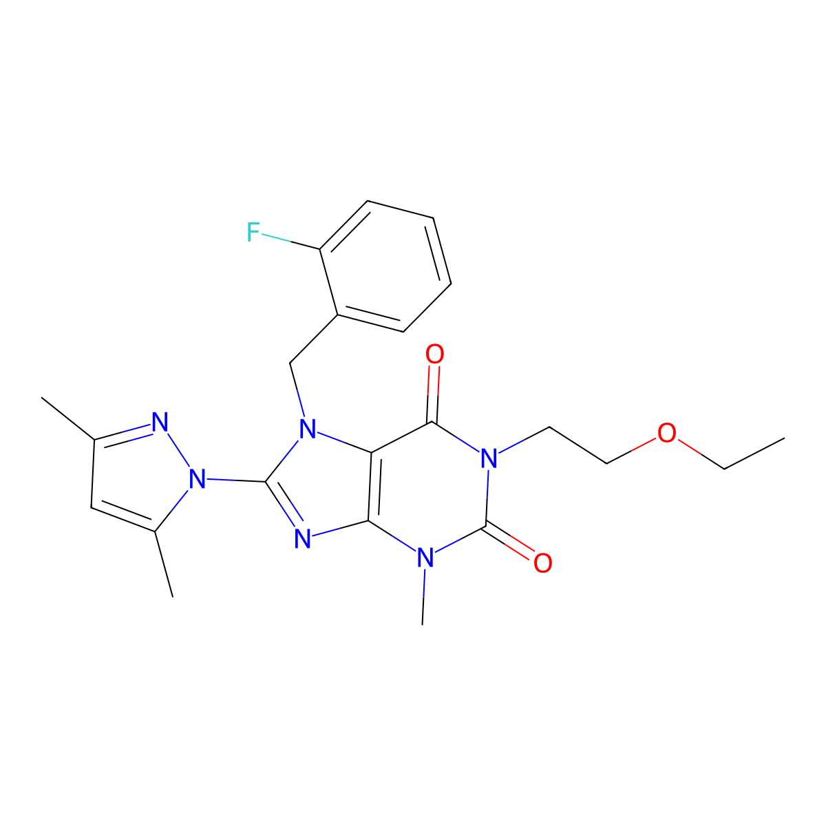 8-(3,5-dimethyl-1H-pyrazol-1-yl)-1-(2-ethoxyethyl)-7-(2-fluorobenzyl)-3-methyl-1H-purine-2,6(3H,7H)-dione molecular structure, CAS 1013969-84-0