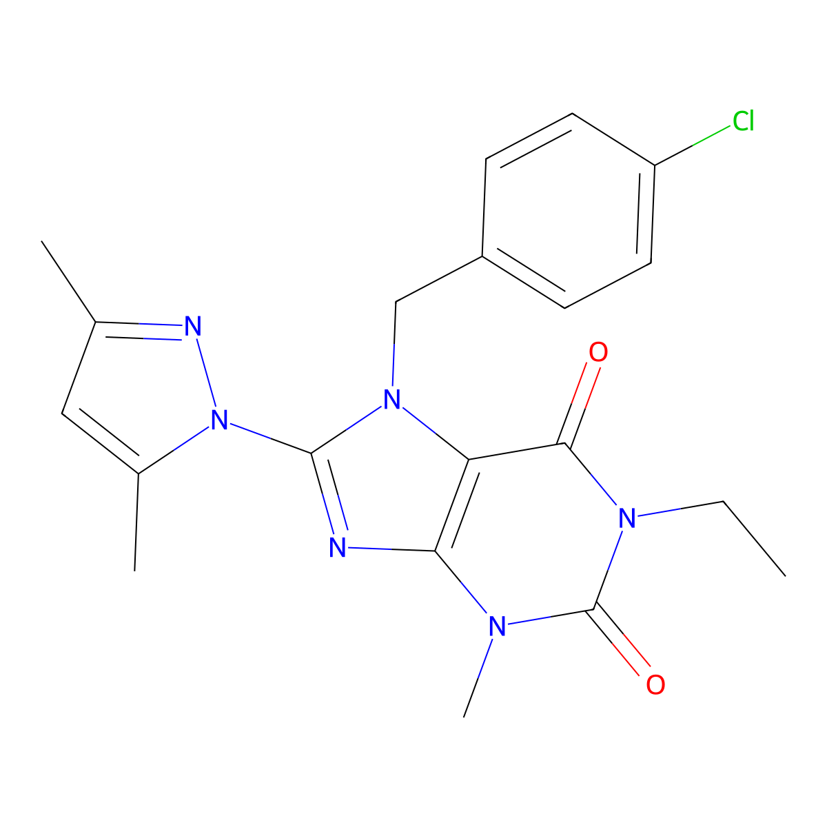 7-(4-chlorobenzyl)-8-(3,5-dimethyl-1H-pyrazol-1-yl)-1-ethyl-3-methyl-1H-purine-2,6(3H,7H)-dione molecular structure, CAS 1013969-86-2
