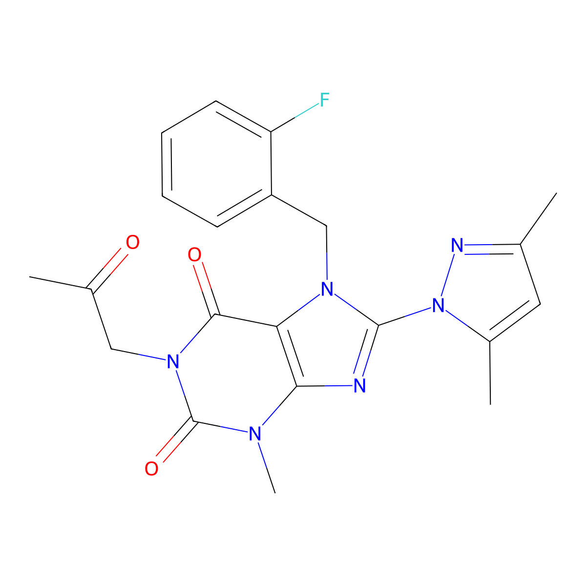 8-(3,5-Dimethylpyrazolyl)-7-[(2-fluorophenyl)methyl]-3-methyl-1-(2-oxopropyl)-1,3,7-trihydropurine-2,6-dione molecular structure, CAS 1013969-92-0