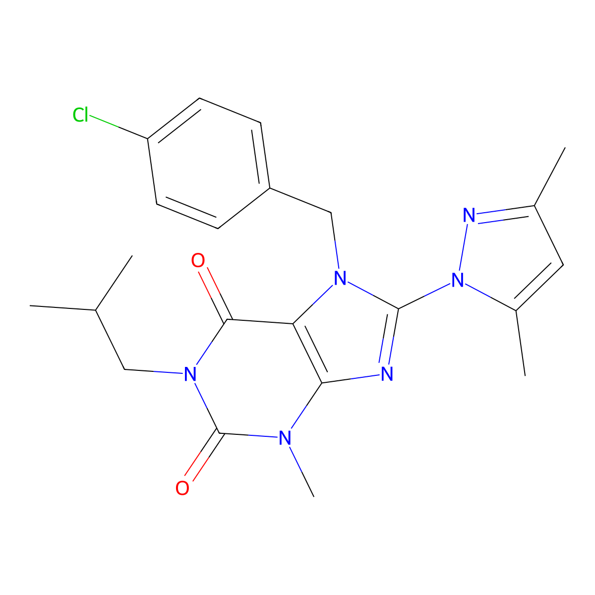 7-(4-chlorobenzyl)-8-(3,5-dimethyl-1H-pyrazol-1-yl)-1-isobutyl-3-methyl-1H-purine-2,6(3H,7H)-dione molecular structure, CAS 1013970-04-1