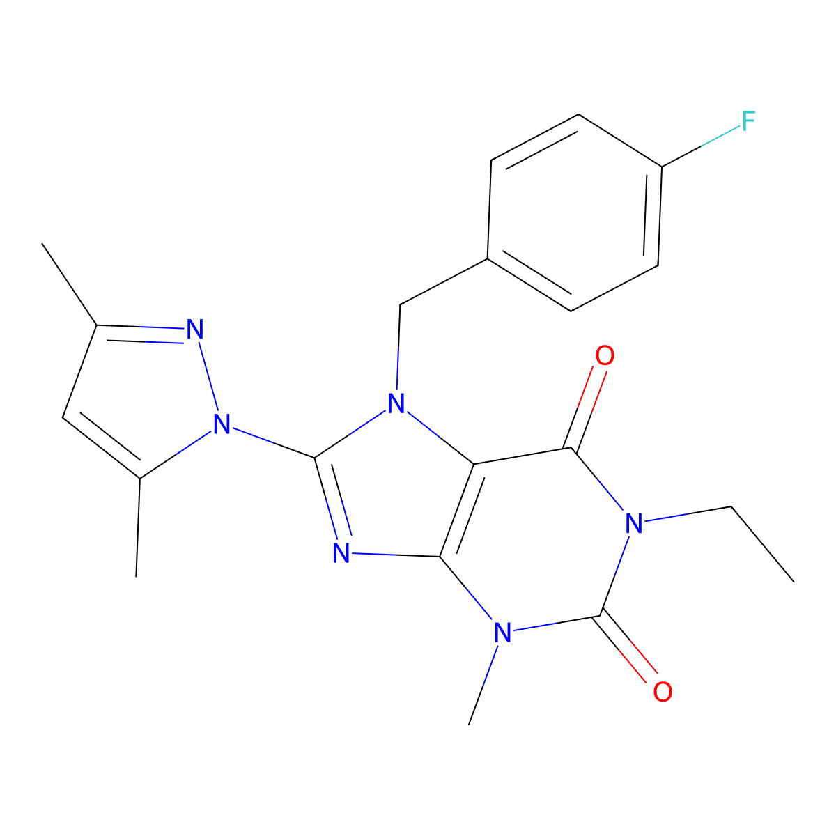 8-(3,5-dimethyl-1H-pyrazol-1-yl)-1-ethyl-7-(4-fluorobenzyl)-3-methyl-1H-purine-2,6(3H,7H)-dione molecular structure, CAS 1013970-50-7
