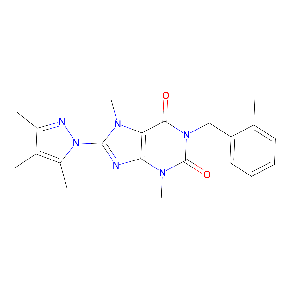 3,7-dimethyl-1-(2-methylbenzyl)-8-(3,4,5-trimethyl-1H-pyrazol-1-yl)-1H-purine-2,6(3H,7H)-dione molecular structure, CAS 1013970-58-5