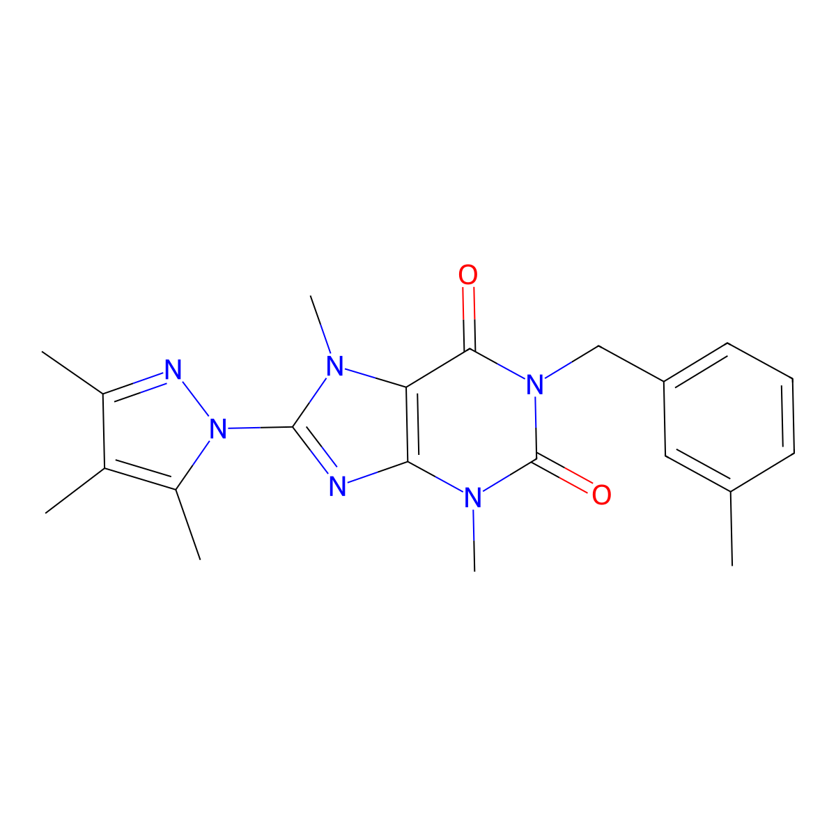 3,7-dimethyl-1-(3-methylbenzyl)-8-(3,4,5-trimethyl-1H-pyrazol-1-yl)-1H-purine-2,6(3H,7H)-dione molecular structure, CAS 1013970-60-9