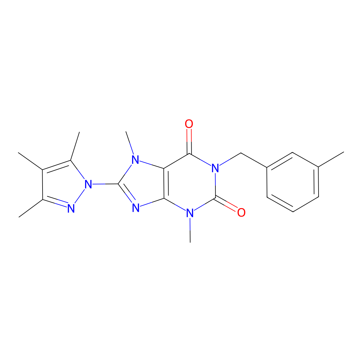 3,7-dimethyl-1-(3-methylbenzyl)-8-(3,4,5-trimethyl-1H-pyrazol-1-yl)-1H-purine-2,6(3H,7H)-dione molecular structure, CAS 1013970-60-9