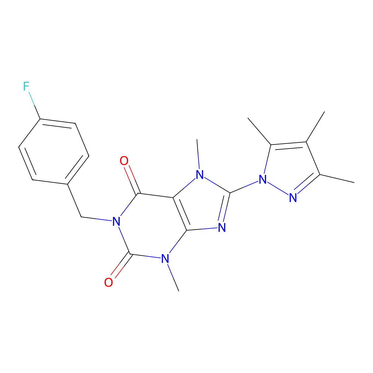 1-(4-fluorobenzyl)-3,7-dimethyl-8-(3,4,5-trimethyl-1H-pyrazol-1-yl)-1H-purine-2,6(3H,7H)-dione molecular structure, CAS 1013970-83-6