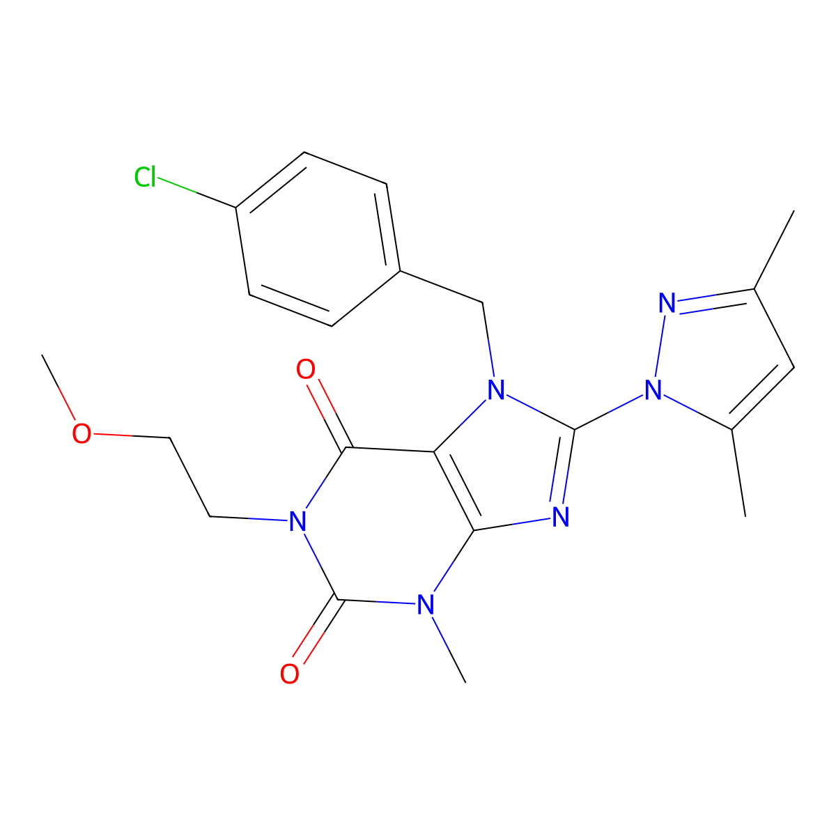 7-(4-chlorobenzyl)-8-(3,5-dimethyl-1H-pyrazol-1-yl)-1-(2-methoxyethyl)-3-methyl-1H-purine-2,6(3H,7H)-dione molecular structure, CAS 1013970-94-9