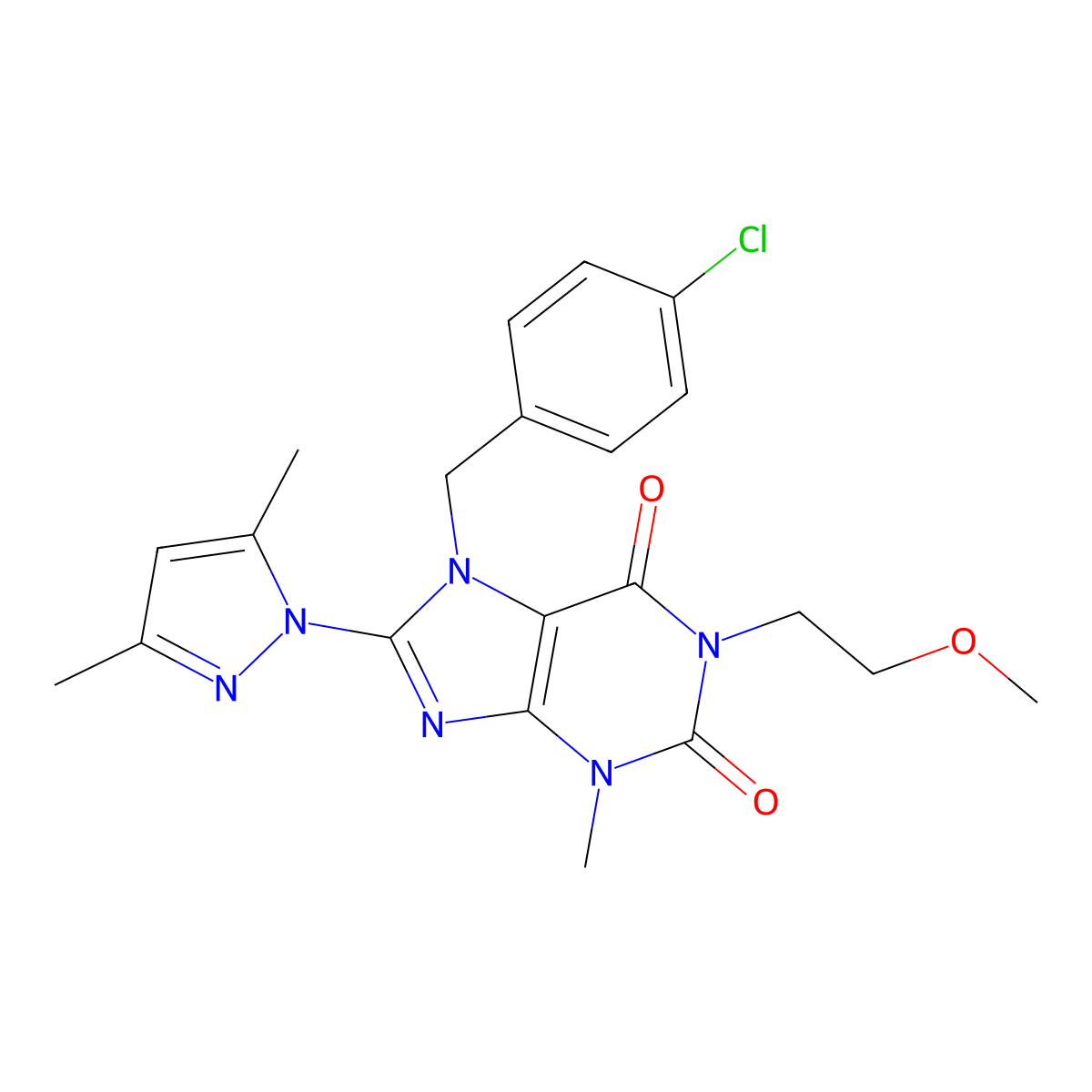 7-(4-chlorobenzyl)-8-(3,5-dimethyl-1H-pyrazol-1-yl)-1-(2-methoxyethyl)-3-methyl-1H-purine-2,6(3H,7H)-dione molecular structure, CAS 1013970-94-9
