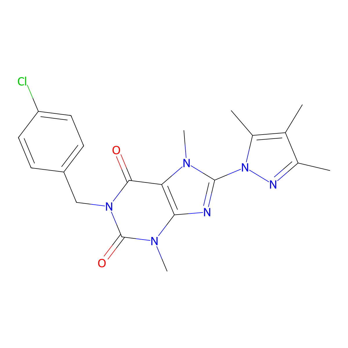 1-(4-chlorobenzyl)-3,7-dimethyl-8-(3,4,5-trimethyl-1H-pyrazol-1-yl)-1H-purine-2,6(3H,7H)-dione molecular structure, CAS 1013971-00-0