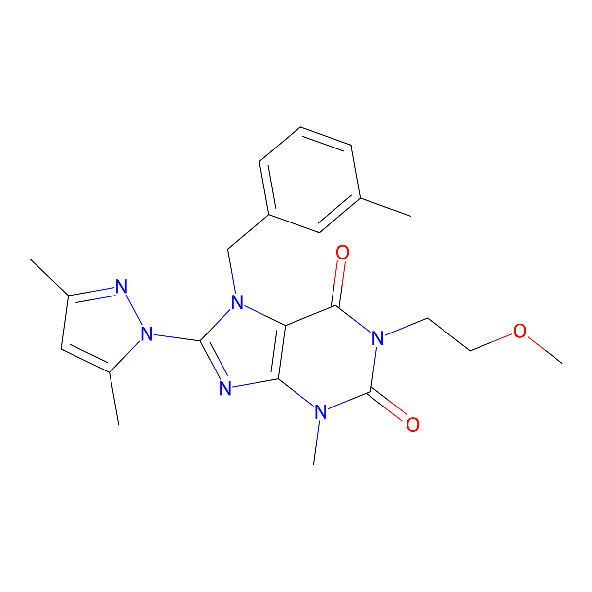 8-(3,5-dimethyl-1H-pyrazol-1-yl)-1-(2-methoxyethyl)-3-methyl-7-(3-methylbenzyl)-1H-purine-2,6(3H,7H)-dione molecular structure, CAS 1013971-08-8