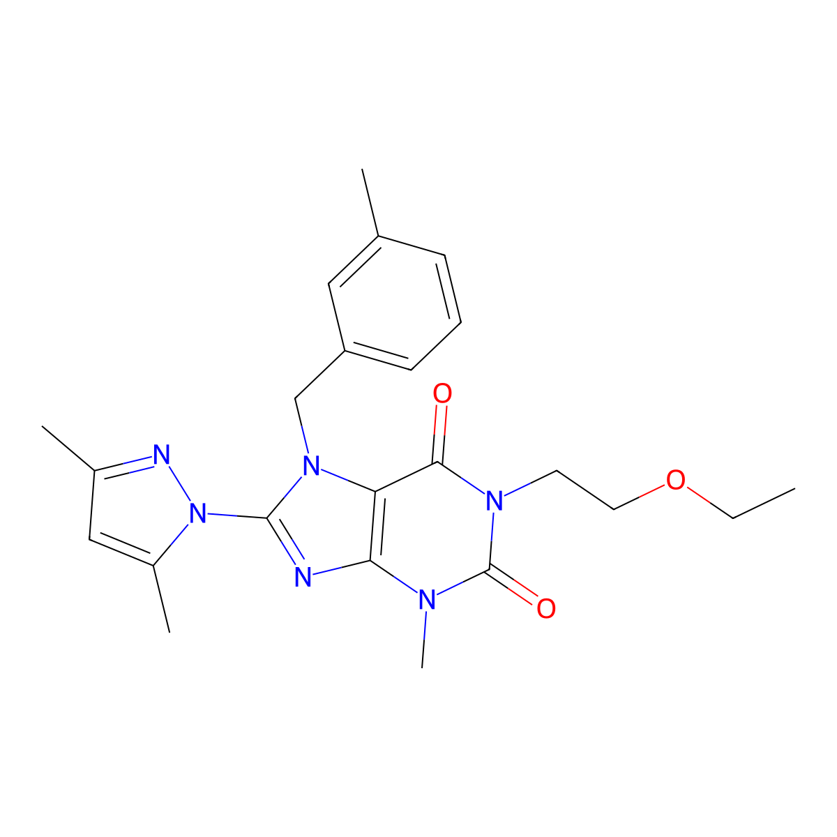 8-(3,5-Dimethylpyrazolyl)-1-(2-ethoxyethyl)-3-methyl-7-[(3-methylphenyl)methyl]-1,3,7-trihydropurine-2,6-dione molecular structure, CAS 1013971-11-3