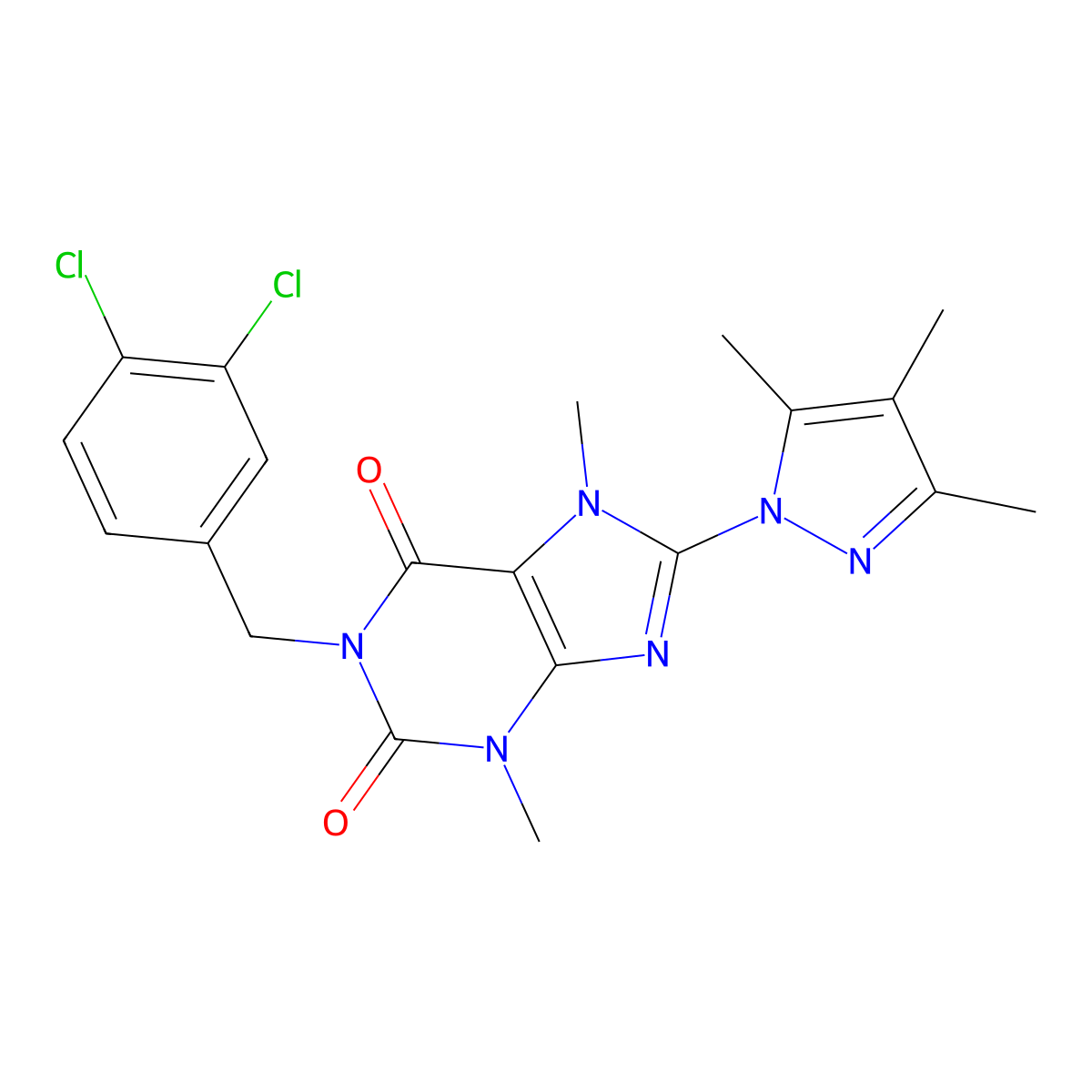 1-(3,4-dichlorobenzyl)-3,7-dimethyl-8-(3,4,5-trimethyl-1H-pyrazol-1-yl)-1H-purine-2,6(3H,7H)-dione molecular structure, CAS 1013971-21-5