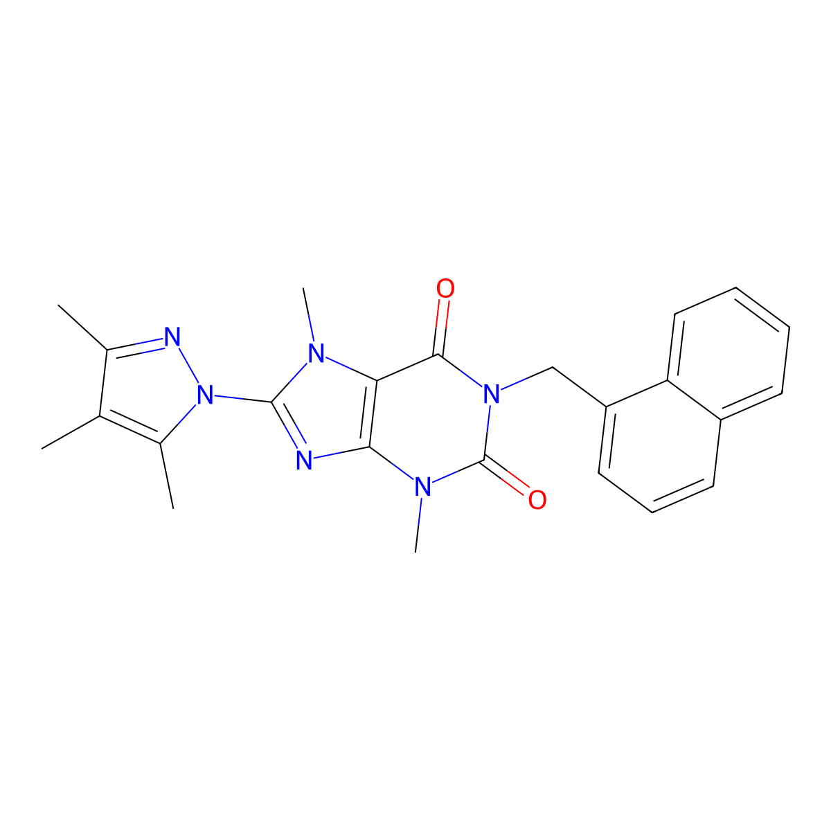3,7-dimethyl-1-(naphthalen-1-ylmethyl)-8-(3,4,5-trimethyl-1H-pyrazol-1-yl)-1H-purine-2,6(3H,7H)-dione molecular structure, CAS 1013971-29-3