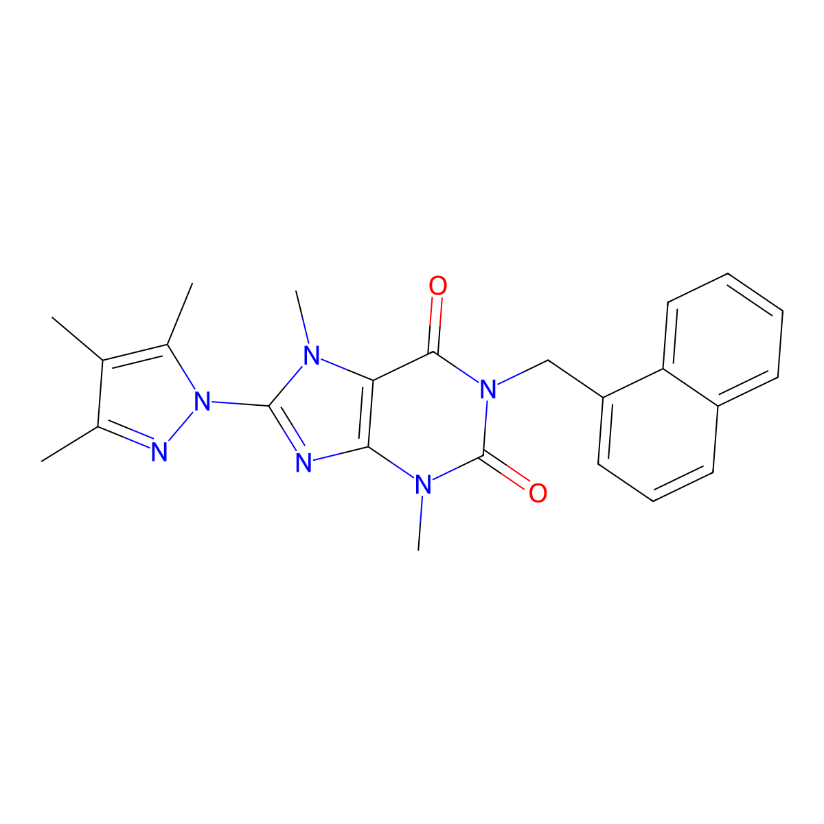 3,7-dimethyl-1-(naphthalen-1-ylmethyl)-8-(3,4,5-trimethyl-1H-pyrazol-1-yl)-1H-purine-2,6(3H,7H)-dione molecular structure, CAS 1013971-29-3