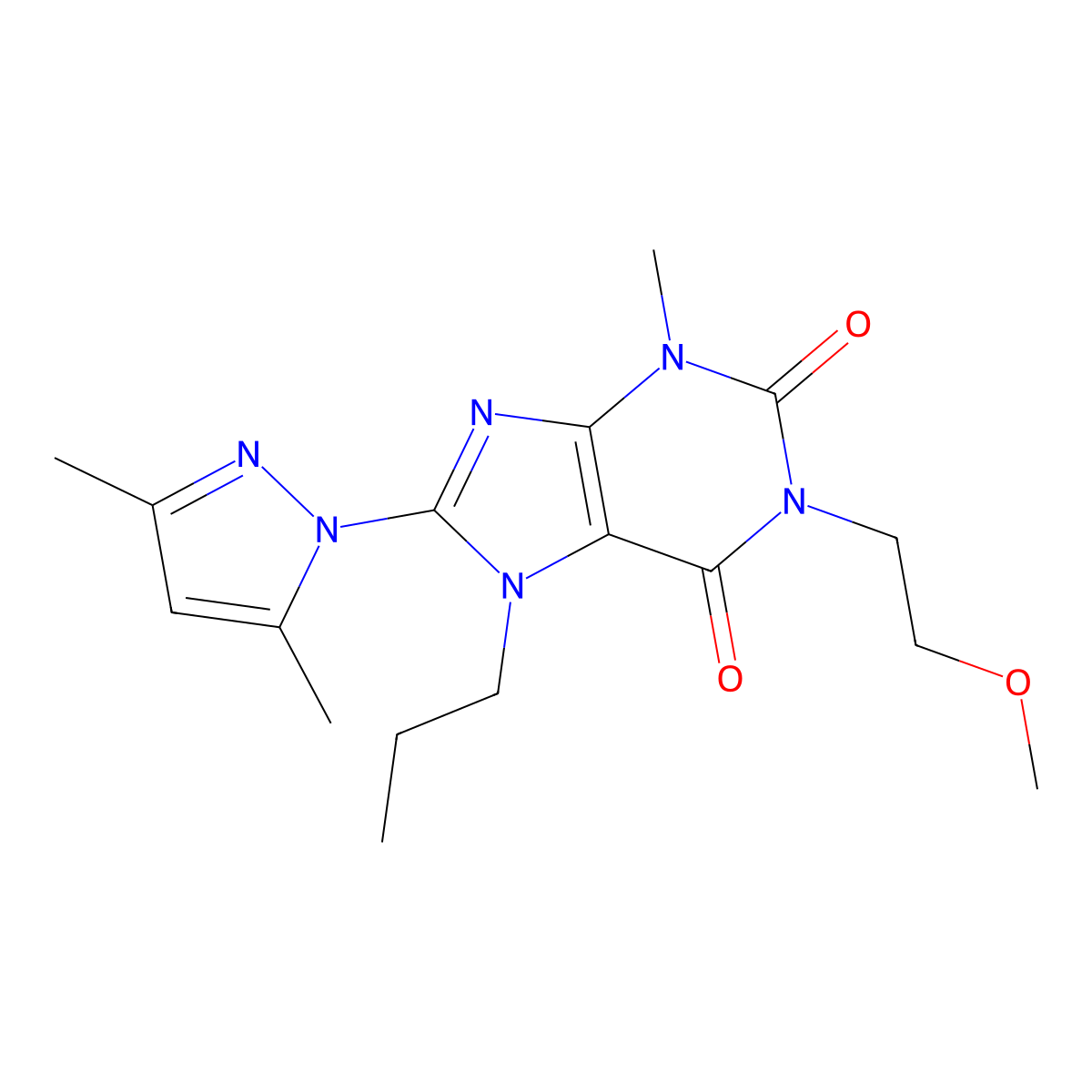8-(3,5-dimethyl-1H-pyrazol-1-yl)-1-(2-methoxyethyl)-3-methyl-7-propyl-1H-purine-2,6(3H,7H)-dione molecular structure, CAS 1013971-30-6