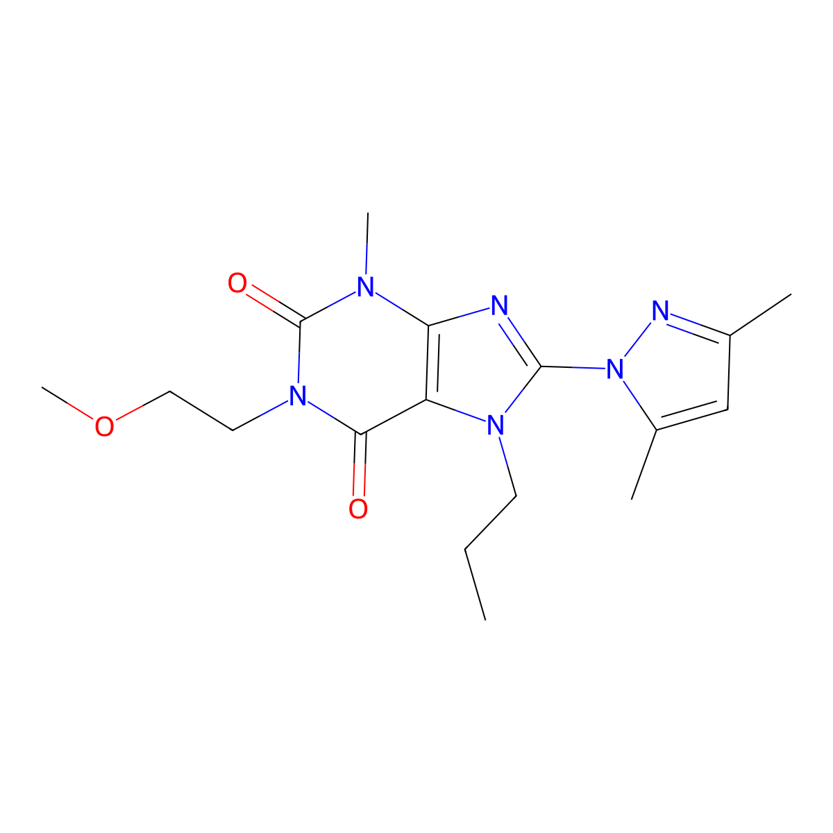 8-(3,5-dimethyl-1H-pyrazol-1-yl)-1-(2-methoxyethyl)-3-methyl-7-propyl-1H-purine-2,6(3H,7H)-dione molecular structure, CAS 1013971-30-6