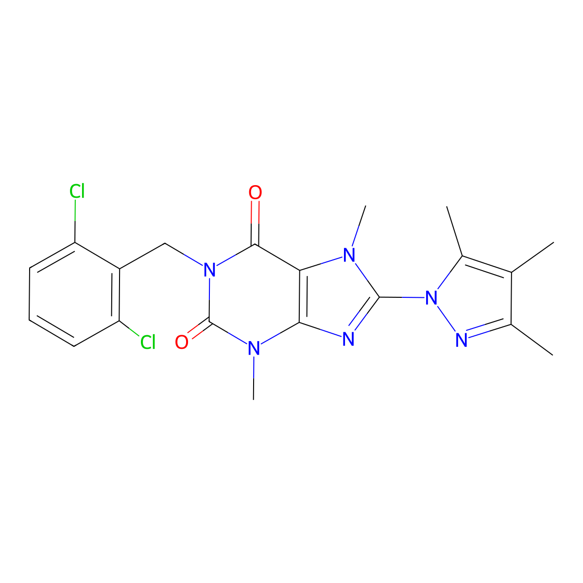 1-(2,6-dichlorobenzyl)-3,7-dimethyl-8-(3,4,5-trimethyl-1H-pyrazol-1-yl)-1H-purine-2,6(3H,7H)-dione molecular structure, CAS 1013971-31-7