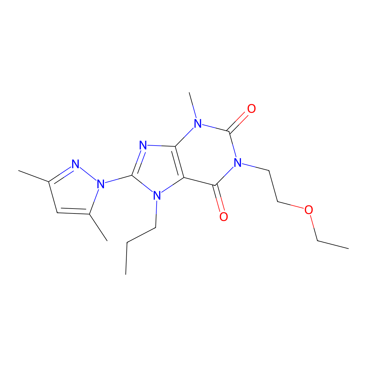8-(3,5-dimethyl-1H-pyrazol-1-yl)-1-(2-ethoxyethyl)-3-methyl-7-propyl-2,3,6,7-tetrahydro-1H-purine-2,6-dione molecular structure, CAS 1013971-38-4