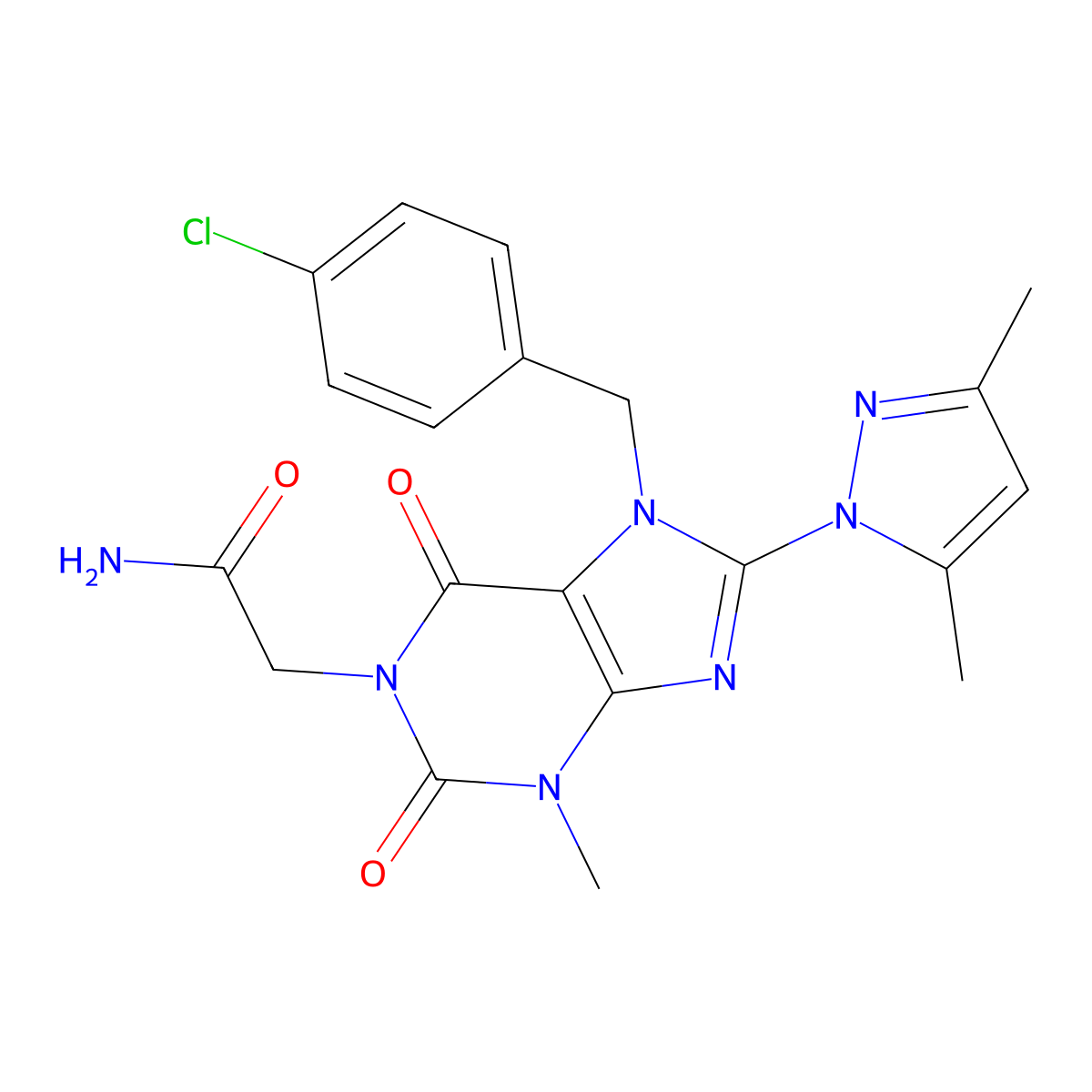 2-(7-(4-chlorobenzyl)-8-(3,5-dimethyl-1H-pyrazol-1-yl)-3-methyl-2,6-dioxo-2,3,6,7-tetrahydro-1H-purin-1-yl)acetamide molecular structure, CAS 1013971-39-5