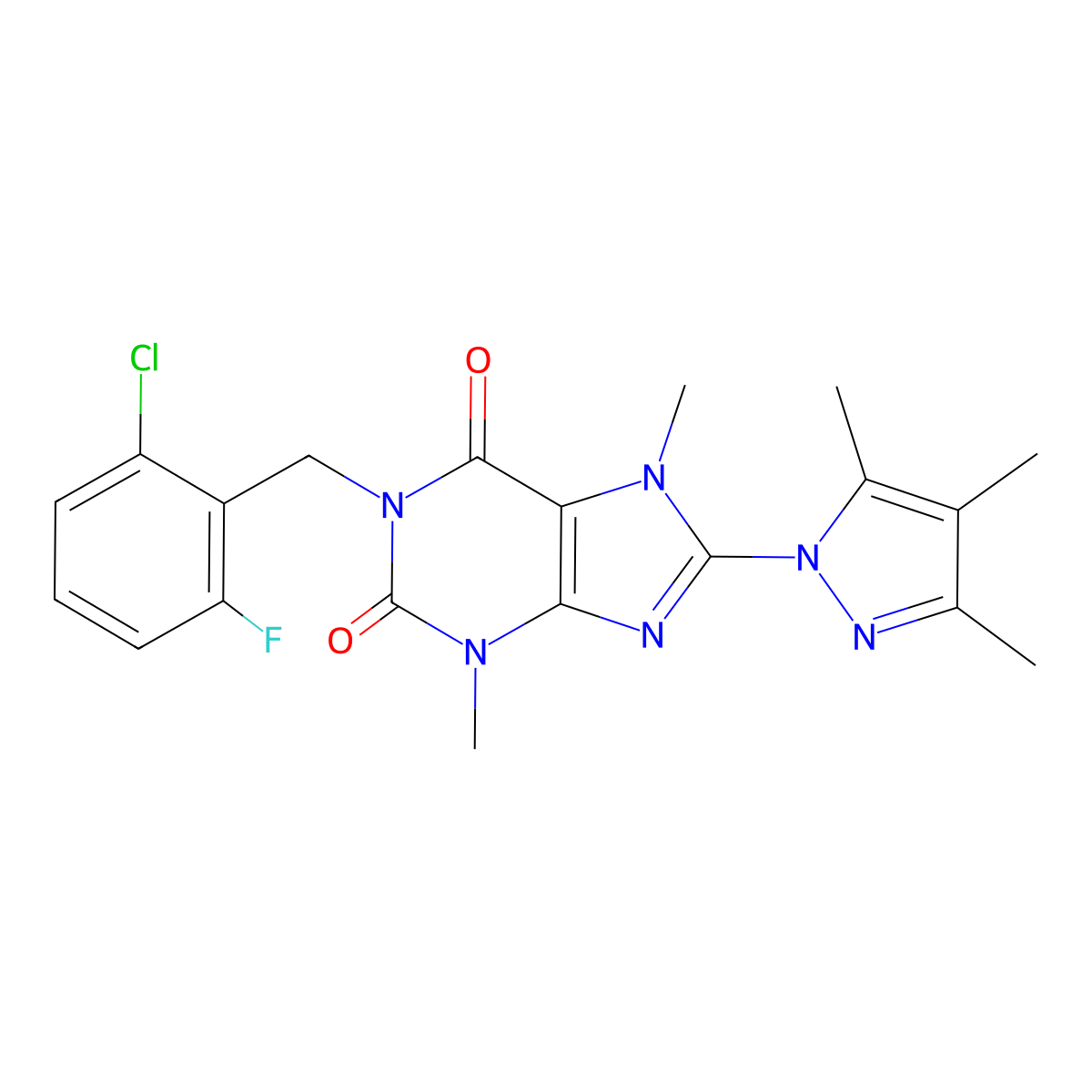 1-(2-chloro-6-fluorobenzyl)-3,7-dimethyl-8-(3,4,5-trimethyl-1H-pyrazol-1-yl)-1H-purine-2,6(3H,7H)-dione molecular structure, CAS 1013971-44-2