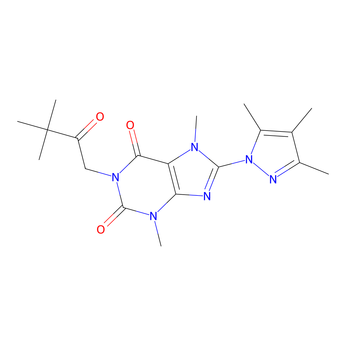 1-(3,3-dimethyl-2-oxobutyl)-3,7-dimethyl-8-(3,4,5-trimethyl-1H-pyrazol-1-yl)-1H-purine-2,6(3H,7H)-dione molecular structure, CAS 1013971-80-6
