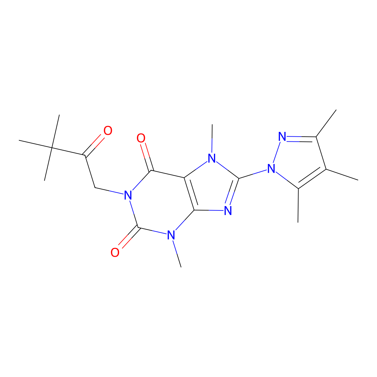 1-(3,3-dimethyl-2-oxobutyl)-3,7-dimethyl-8-(3,4,5-trimethyl-1H-pyrazol-1-yl)-1H-purine-2,6(3H,7H)-dione molecular structure, CAS 1013971-80-6