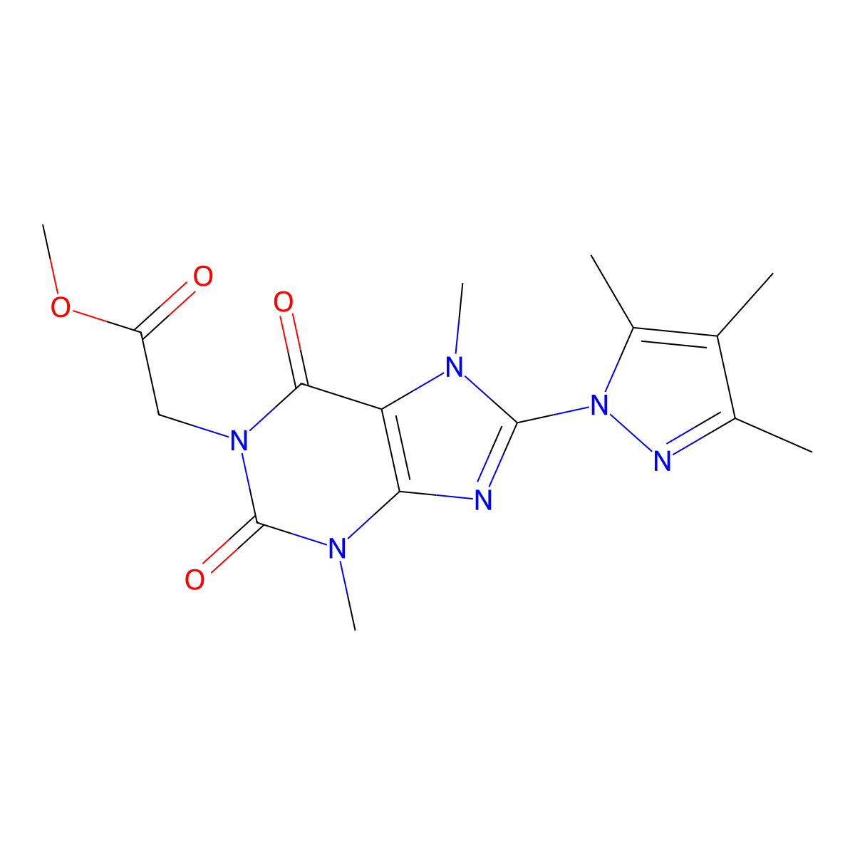 methyl [3,7-dimethyl-2,6-dioxo-8-(3,4,5-trimethyl-1H-pyrazol-1-yl)-2,3,6,7-tetrahydro-1H-purin-1-yl]acetate molecular structure, CAS 1013971-84-0