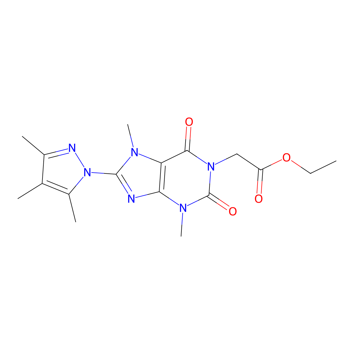 ethyl [3,7-dimethyl-2,6-dioxo-8-(3,4,5-trimethyl-1H-pyrazol-1-yl)-2,3,6,7-tetrahydro-1H-purin-1-yl]acetate molecular structure, CAS 1013971-92-0