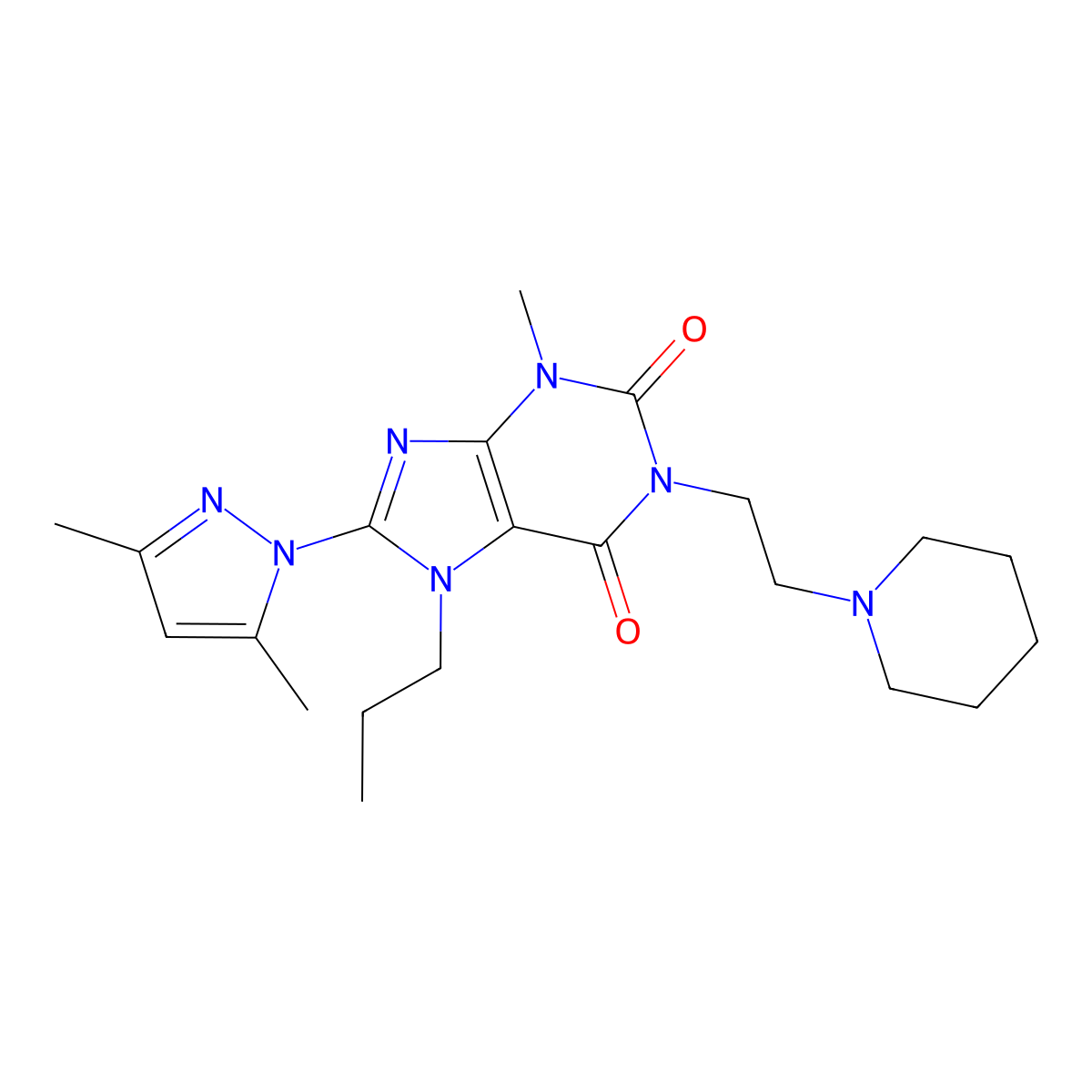 8-(3,5-dimethyl-1H-pyrazol-1-yl)-3-methyl-1-[2-(piperidin-1-yl)ethyl]-7-propyl-2,3,6,7-tetrahydro-1H-purine-2,6-dione molecular structure, CAS 1013972-04-7
