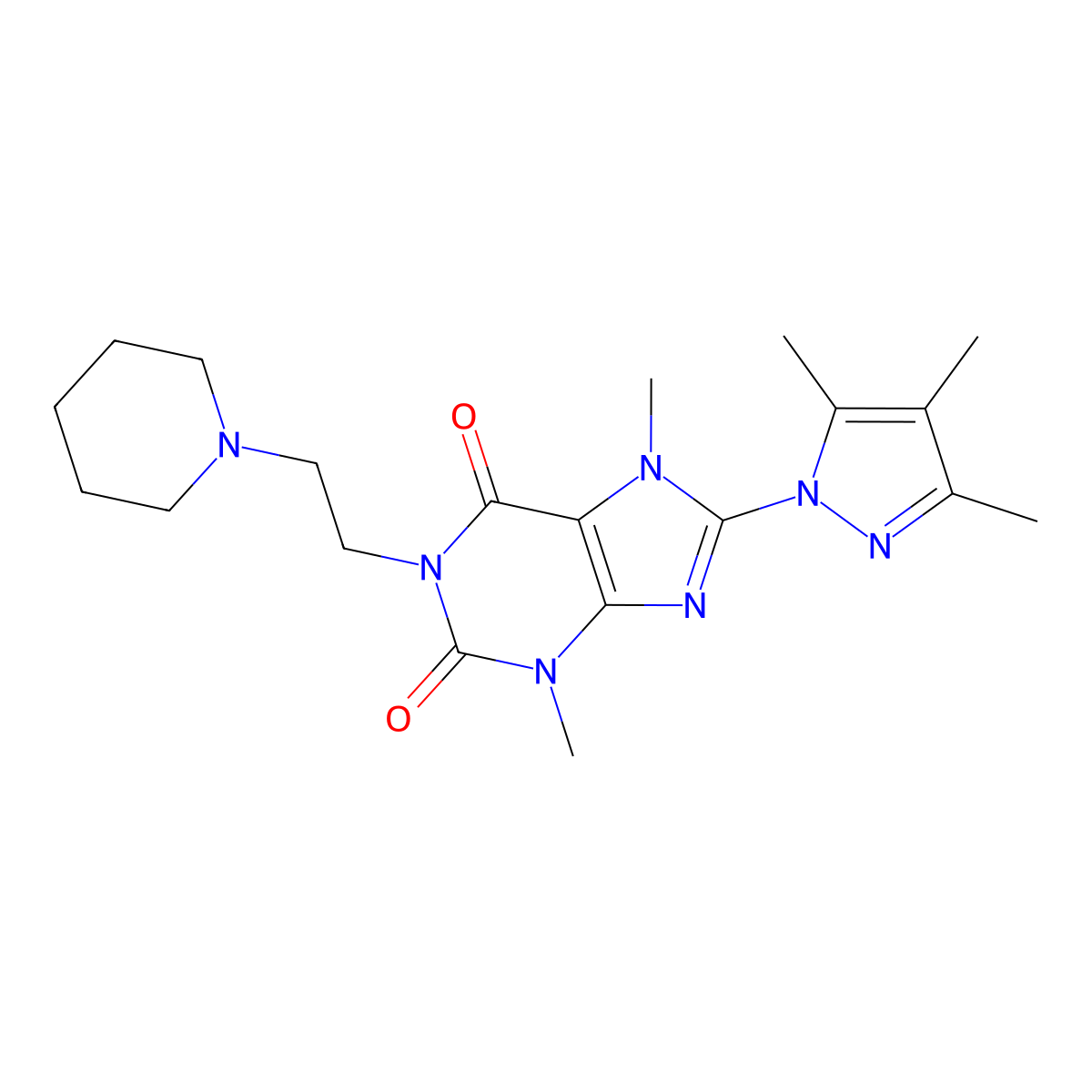 3,7-dimethyl-1-(2-(piperidin-1-yl)ethyl)-8-(3,4,5-trimethyl-1H-pyrazol-1-yl)-1H-purine-2,6(3H,7H)-dione molecular structure, CAS 1013972-06-9