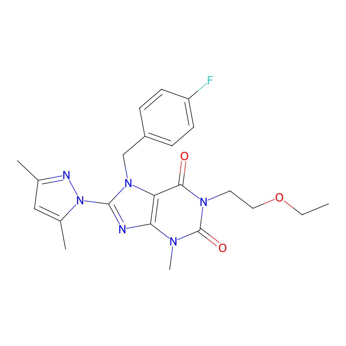 8-(3,5-dimethyl-1H-pyrazol-1-yl)-1-(2-ethoxyethyl)-7-(4-fluorobenzyl)-3-methyl-1H-purine-2,6(3H,7H)-dione molecular structure, CAS 1013972-10-5
