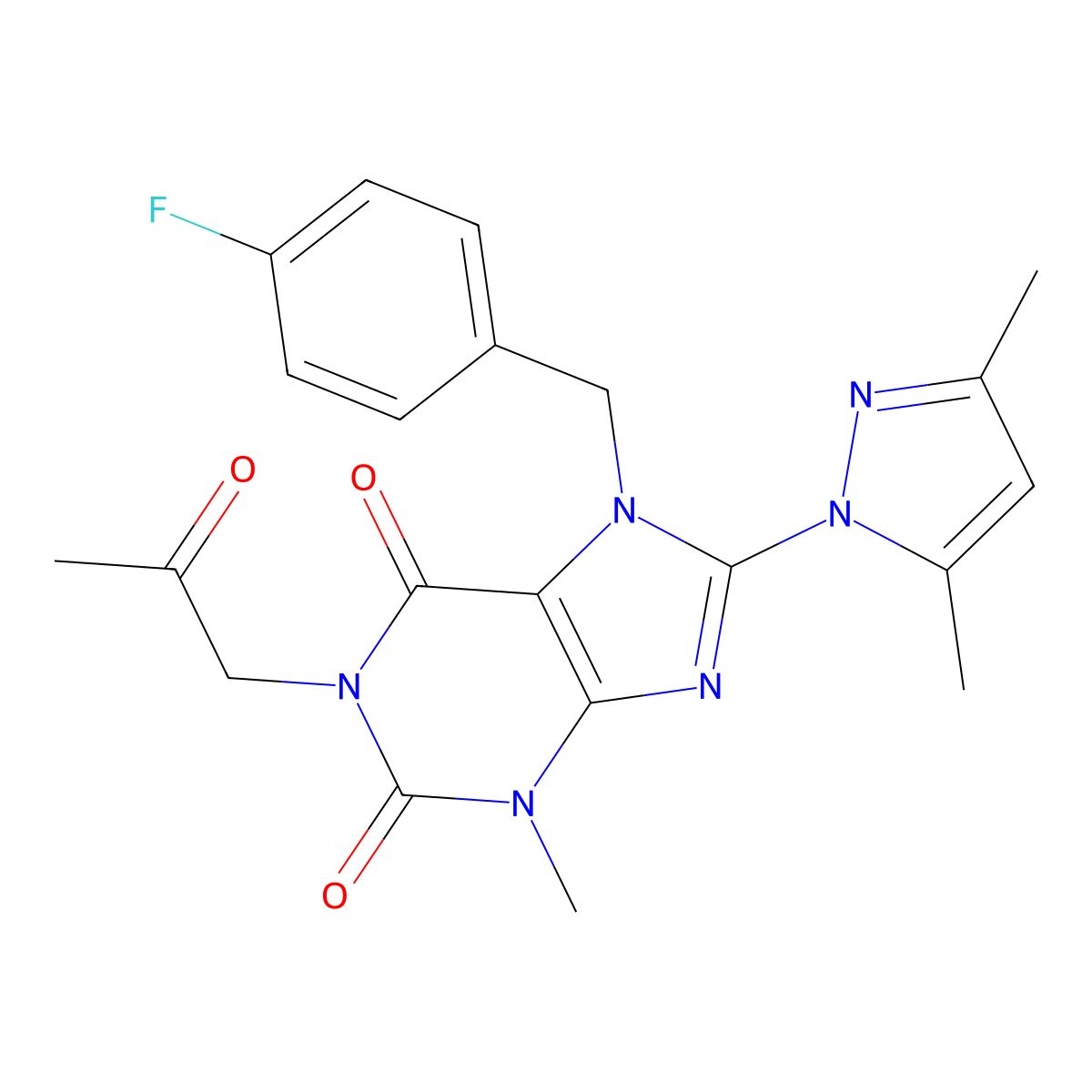8-(3,5-Dimethylpyrazolyl)-7-[(4-fluorophenyl)methyl]-3-methyl-1-(2-oxopropyl)-1,3,7-trihydropurine-2,6-dione molecular structure, CAS 1013972-20-7