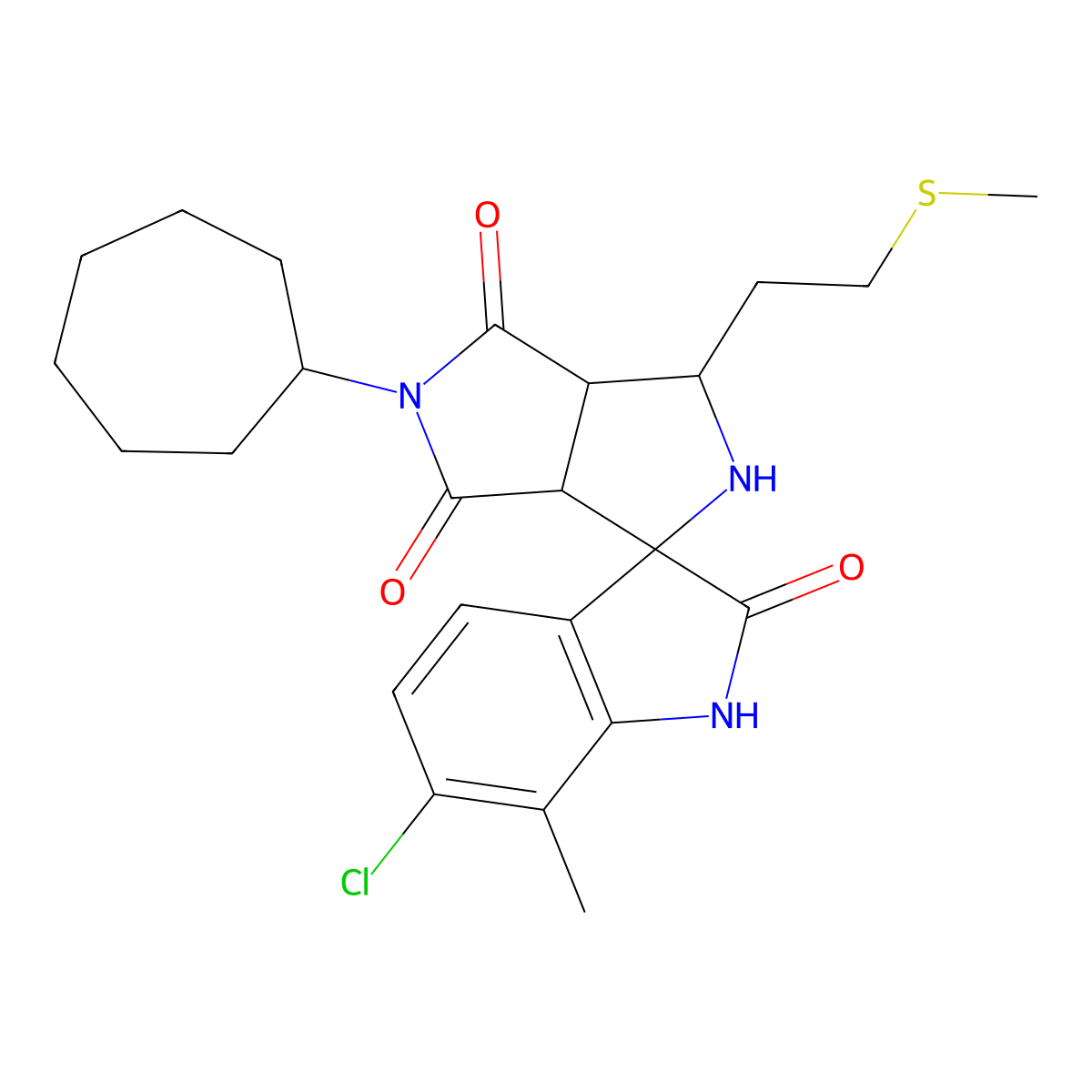 (3aR,6aS)-6'-chloro-5-cycloheptyl-7'-methyl-1-(2-methylsulfanylethyl)spiro[1,2,3a,6a-tetrahydropyrrolo[3,4-c]pyrrole-3,3'-1H-indole]-2',4,6-trione molecular structure, CAS 1013981-21-9