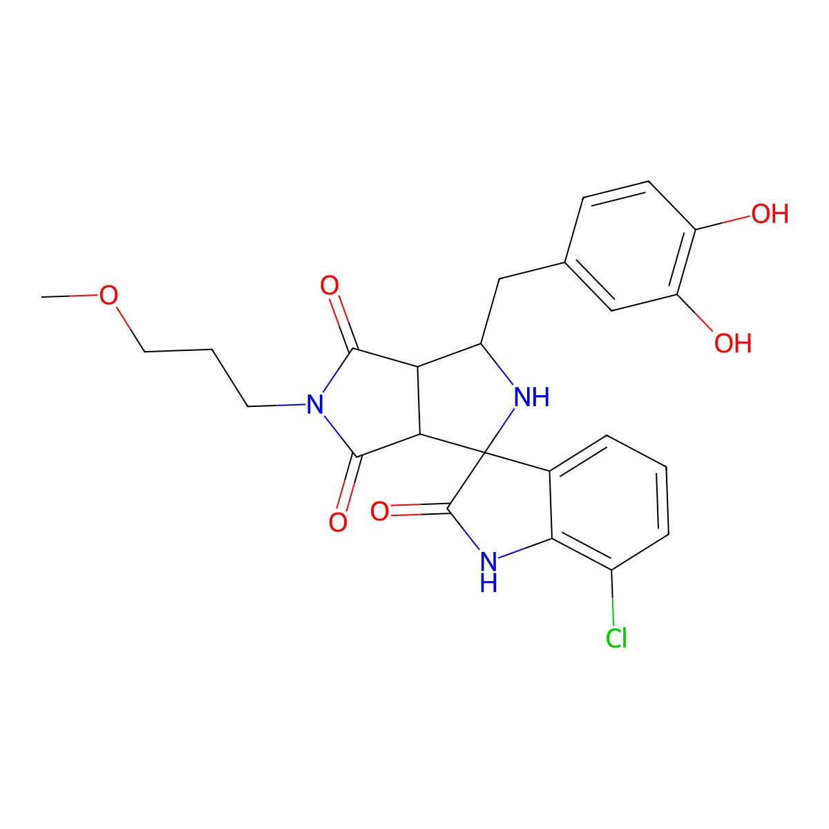 (3aR,6aS)-7'-chloro-1-[(3,4-dihydroxyphenyl)methyl]-5-(3-methoxypropyl)spiro[1,2,3a,6a-tetrahydropyrrolo[3,4-c]pyrrole-3,3'-1H-indole]-2',4,6-trione molecular structure, CAS 1013981-90-2